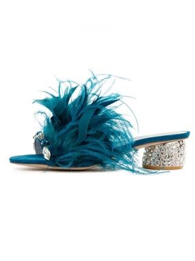 Jeffrey Campbell Zazu Turquoise Combo Feather and Rhinestone Mule Heels
